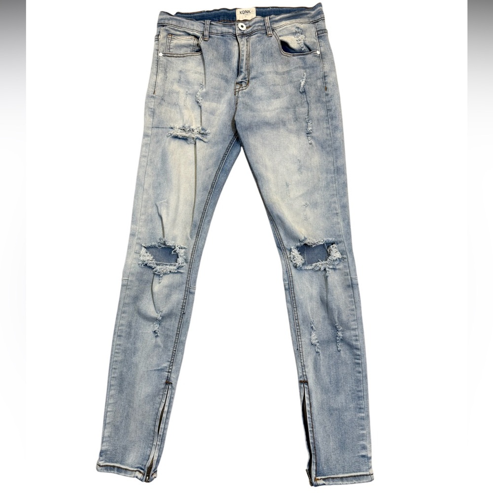 KDNK 11 4 14 11 All Over Stitch Ankle Zip Distressed Light Wash Jeans Size 34